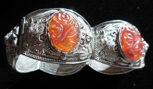 Vtg Antique Chinese Carnelian Agate Filigree Silver Link Bangle Bracelet 7" Long - Picture 3 of 15