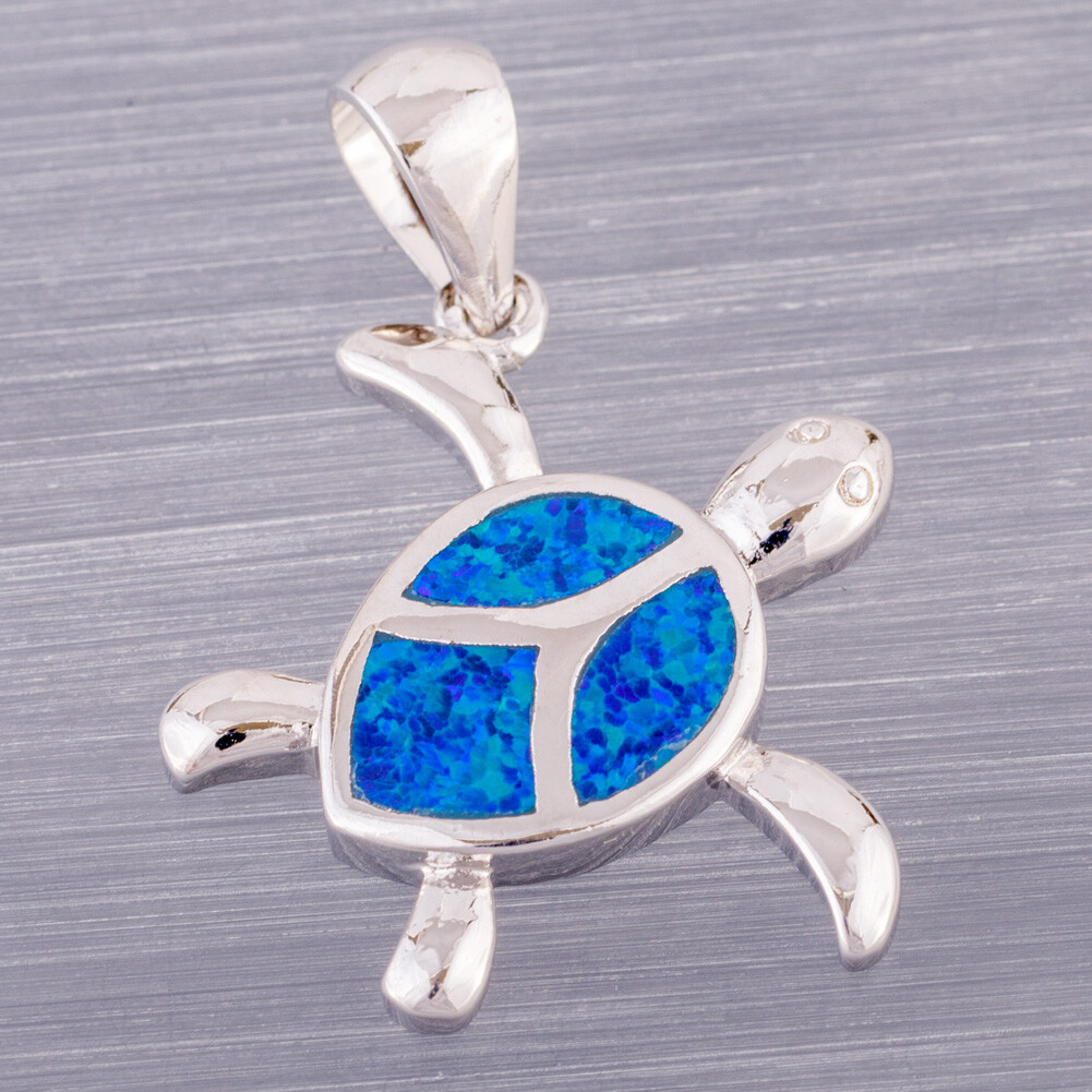Hawaiian Aloha Turtle Navy Dark Blue Fire Opal Silver Jewelry Necklace Pendant