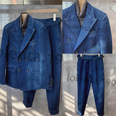 Denim Men Suits Double Breasted Blazer Slim Fit Casual Tuxedo Peak Lapel Jackets