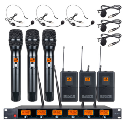 Wireless Microphone System UHF 6 Channel Pro Audio 3 Handheld 3 Headset Lavalier