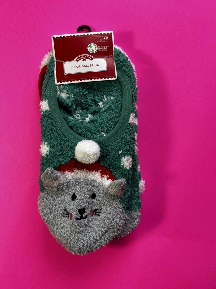 NEW WOMEN HOLIDAY TIME 2 PAIR BALLERINA SOCKS GREEN/WHT/GREY ( 4-10) Foto 3 de 4