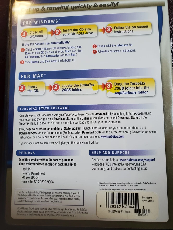 CD TurboTax Home & Business 2008 Windows & Mac devoluciones federales y estatales. Intuit Foto 4 de 4