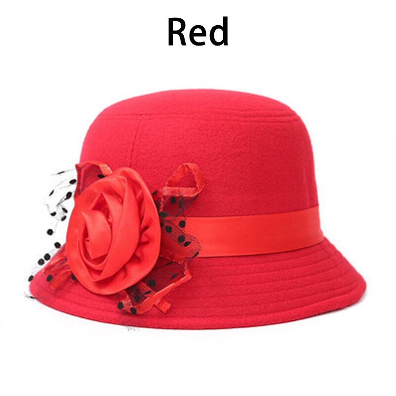 Ladies Winter Wool Vintage Hat With Flower - Solid Felt Bucket Cap For Casual & Party