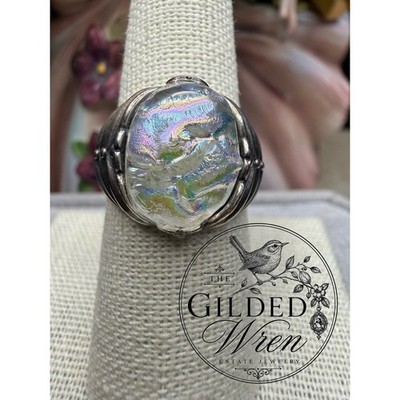 Sterling Silver Faux Roman Glass Style Adjustable Ring Iridescent Resin Sz 7.75