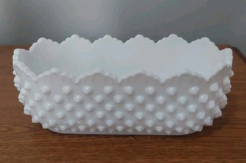 Vintage Fenton Oval White Milk Glass Hobnail Planter Dish Scalloped Edge 9"