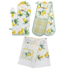 Lemons Mitt Double Oven Gloves Pot Holder + 3 Kitchen Tea Towels Yellow Green