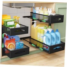 Under Sink Organizer, 2 Tier Pull out Cabinet Organizer Baskets 1 Pack Black