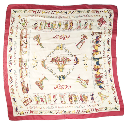 Bayeux Tapestry 100% Silk Scarf | Lrg 34" Square Red | Made in France Tapisserie