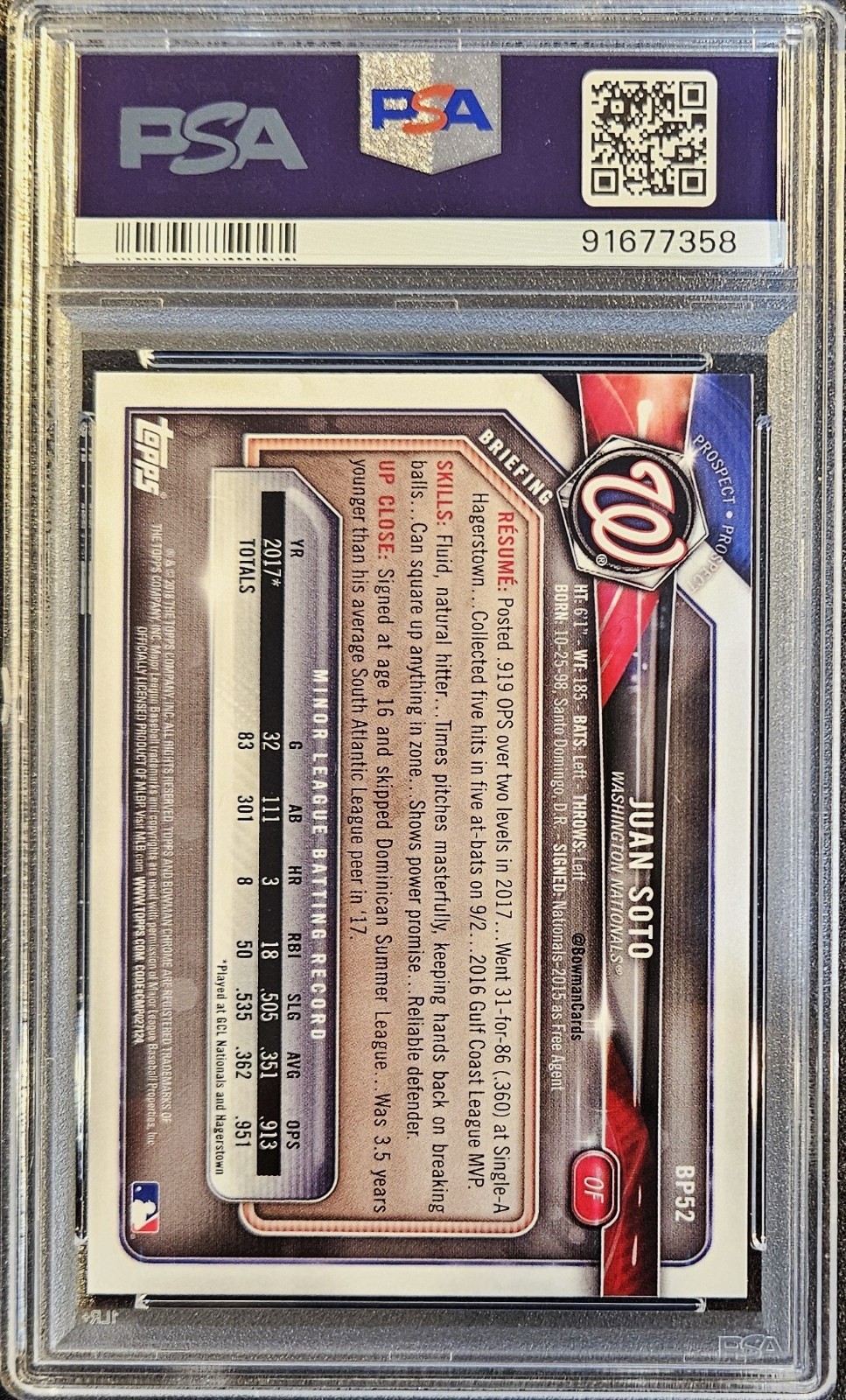 2018 Bowman Prospects #BP52 Juan Soto - PSA 10 view 2