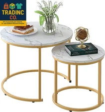 Coffee Table Nesting White Set of 2 Side Set Golden Frame Circular round and Mar