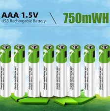 8 Pack Rechargeable 1.5V AAA Lithium ion li-ion Batteries 750mWh USB C cable