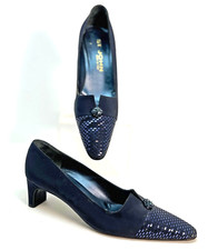 St John Navy Blue Paillettes Rhinestone Accented Block Heels