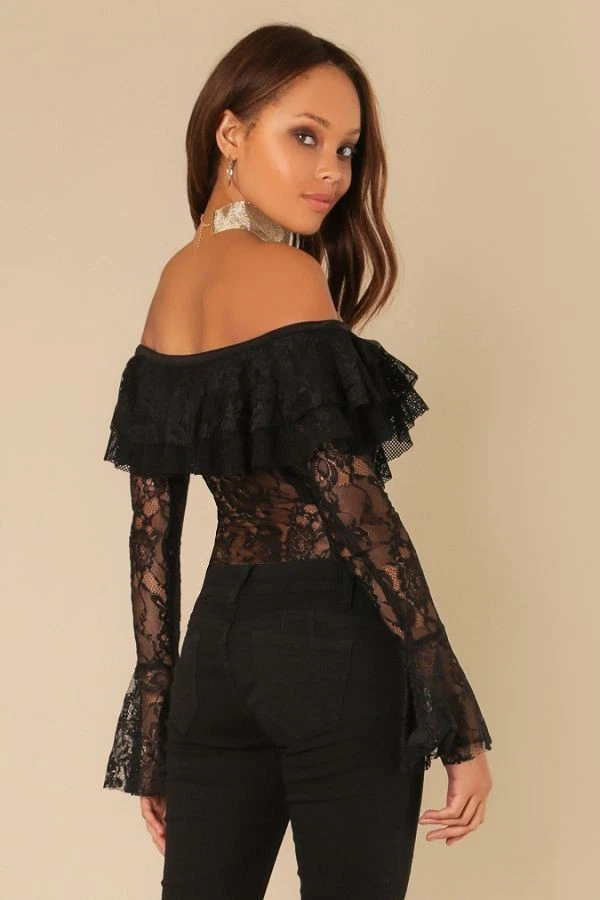 Sexy Hermoso Body Para Mujer Fuera del Hombro Manga Campana Encaje (Negro) Foto 2 de 4