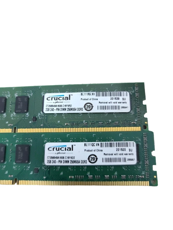 lot of 2 Crucial Micron CT25664BA160B.C 240 Pin 2GB DDR3 SDRAM RAM Memory Module - Image 3 of 4