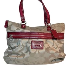 Coach Poppy khaki and red large tote With heart zipper and red coach charm