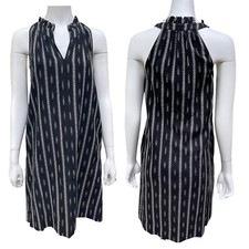 Madewell Dress Women XS Black Ikat Stripe Halter V-Neck Cotton Pockets Costal