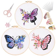 DIY 3 Sets Colorful Butterfly Pink Floral Embroidery Kit for Beginners Adults