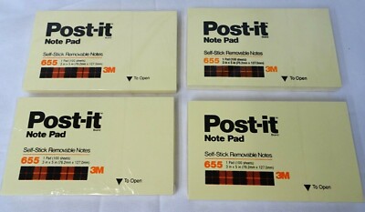 Post-it Note Pads 3'' x 5'' Self Stick Removable Notes 100 Sheets each 4 Pack T5