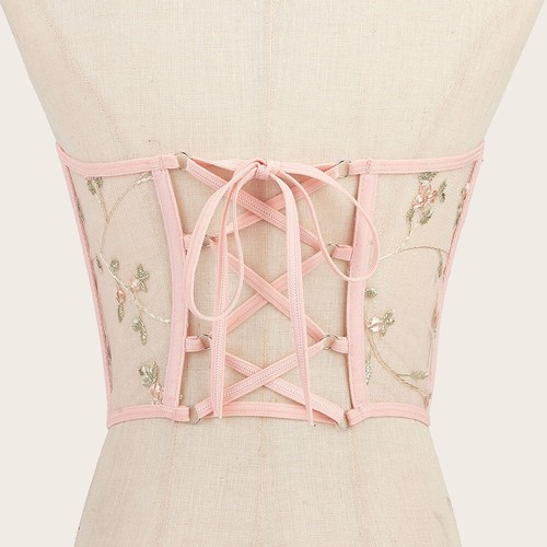 Women Wide Corset Belt Mesh Embroidery See Through High Waist Shaper Corsets - Picture 14 of 23