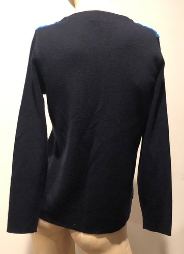 $129 J CREW Navy Blue/Blue Crochet Lace Appliques Pullover Merino Wool Sweater M - Picture 5 of 8