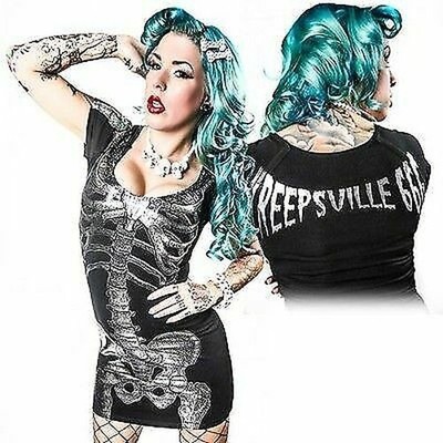 Kreepsville 666 Silberfolie Skelett Tunika Kleid Punk Schädel Halloween S-XXL