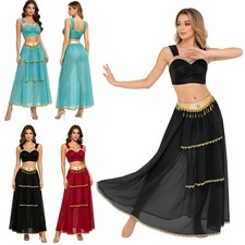 Women Crop Top Metallic India Dance Costume Sleeveless Maxi Skirt Competition