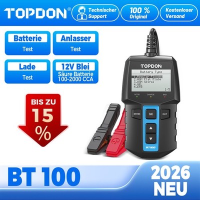 TOPDON BT100 12V Batterietester KFZ Auto Akku Prüfgerät 100-2000 CCA AGM GEL EFB