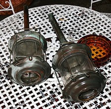 LAMPADE DA CARROZZA D'EPOCA- COPPIA- VETRO RAME OTTONE