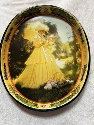 Budweiser Beer Tray Oval Woman in Yellow 1800s Dress Metal 15 x 12.5 1982