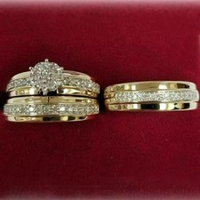 1.50Ct Round Cut Diamond Engagement Wedding Trio Ring Set 14K Yellow Gold Finish