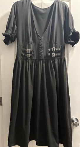 Forest Ink Women Black Goth A-Line Long Dress 3XL Plus Buckle Stretch