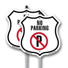 No Parking Shield Shaped Sign With Stake Weather Resistant Crafted in the USA
