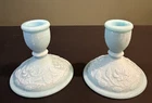 Vintage Pair Imperial Baby Blue Milk Glass Candlestick Holders Lustre Rose 3.5 "