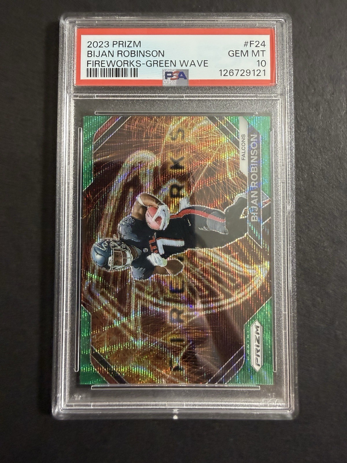 2023 Panini Prizm Fireworks Bijan Robinson #F24 Green Wave (RC) PSA 10