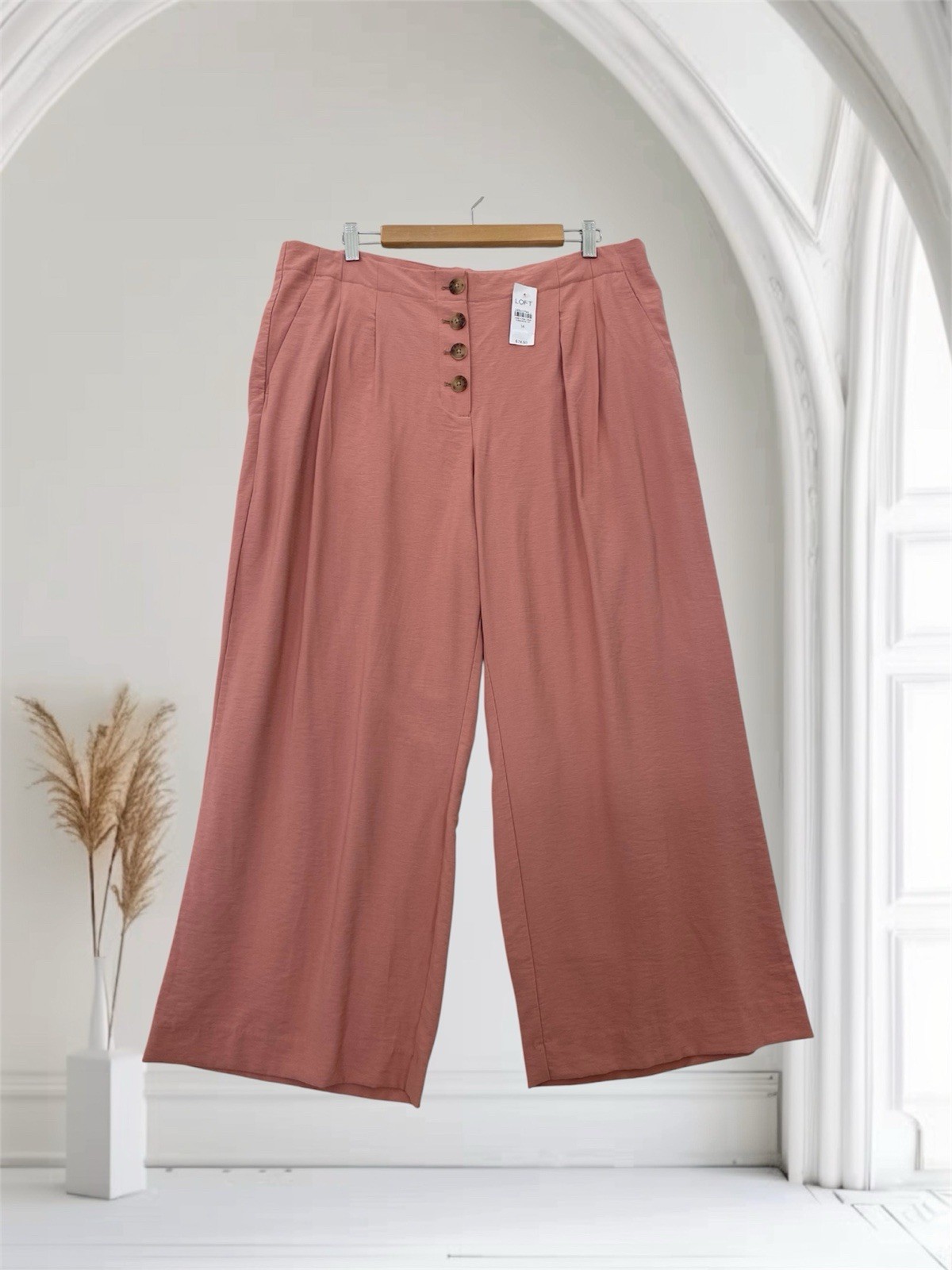 LOFT Womens High Waist Wide Leg Button Front Crop Pants Size 14 Summer Chic $74