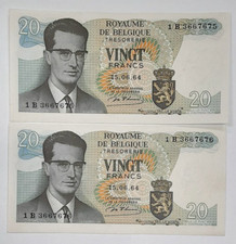 1964 Issue Belgium 20 Francs Banknotes 2 Consecutive S/Ns Pick#138 CU