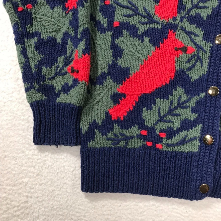 Cardigã suéter feminino vintage Orvis pequeno vermelho azul cardeal pássaros Ramie algodão - Imagem 4 de 4
