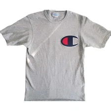 Champion Cotton T-Shirt Short Sleeve Crew Neck Tee Big C Logo Grey Size Small 