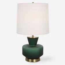 Luxe Emerald Green Glass Table Lamp 28 in Mid Century Geometric Gem Shape