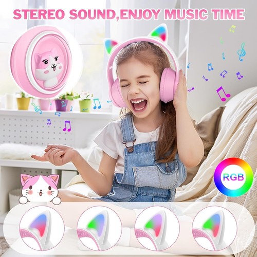 Rigwig AKZ-60 Kids Cat Ear Bluetooth Headphones LED Mic 85dB Foldable Wireless - Picture 19 of 60