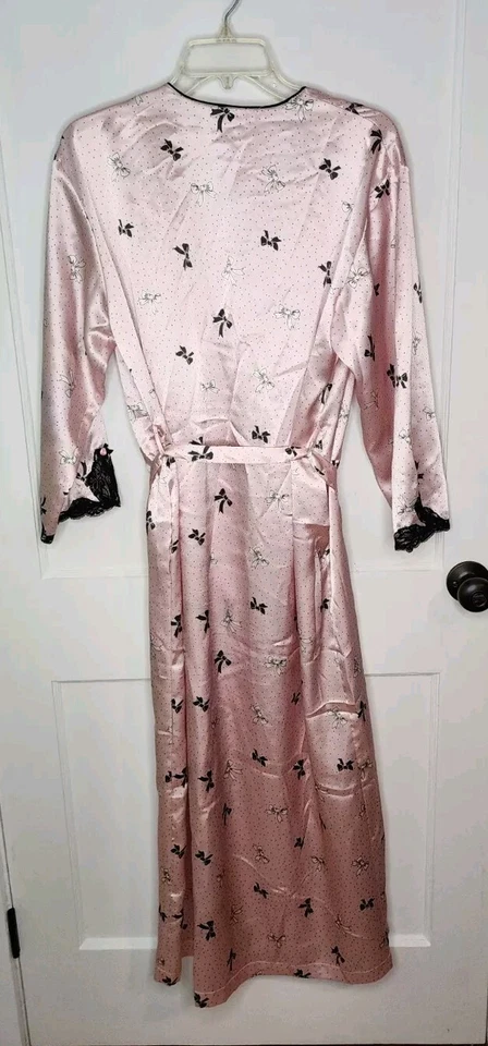 Oscar De La Renta Pink Label Satin Robe Pink Polka Dot Bow Lace Belted Size S - Image 2 of 4