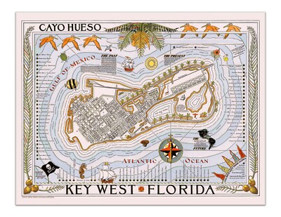 Key West, Florida - Vintage 1940s Cayo Hueso Illustrated Map Poster Reprint