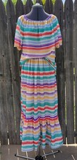 Vintage Multi Watercolor Stripe Maxi Skirt Short Sleeve Shirt L