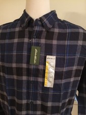 NWT Eddie Bauer Men Shirt Gray Blue Plaid Flannel Button Front 1 Pocket XXL 2XL