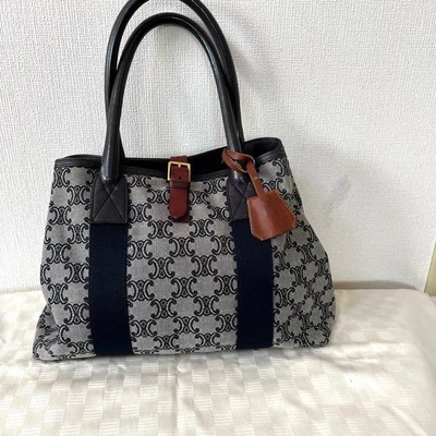 Vintage CELINE Macadam Canvas Shoulder Tote Bag Purse women Gray w/storage bag!!