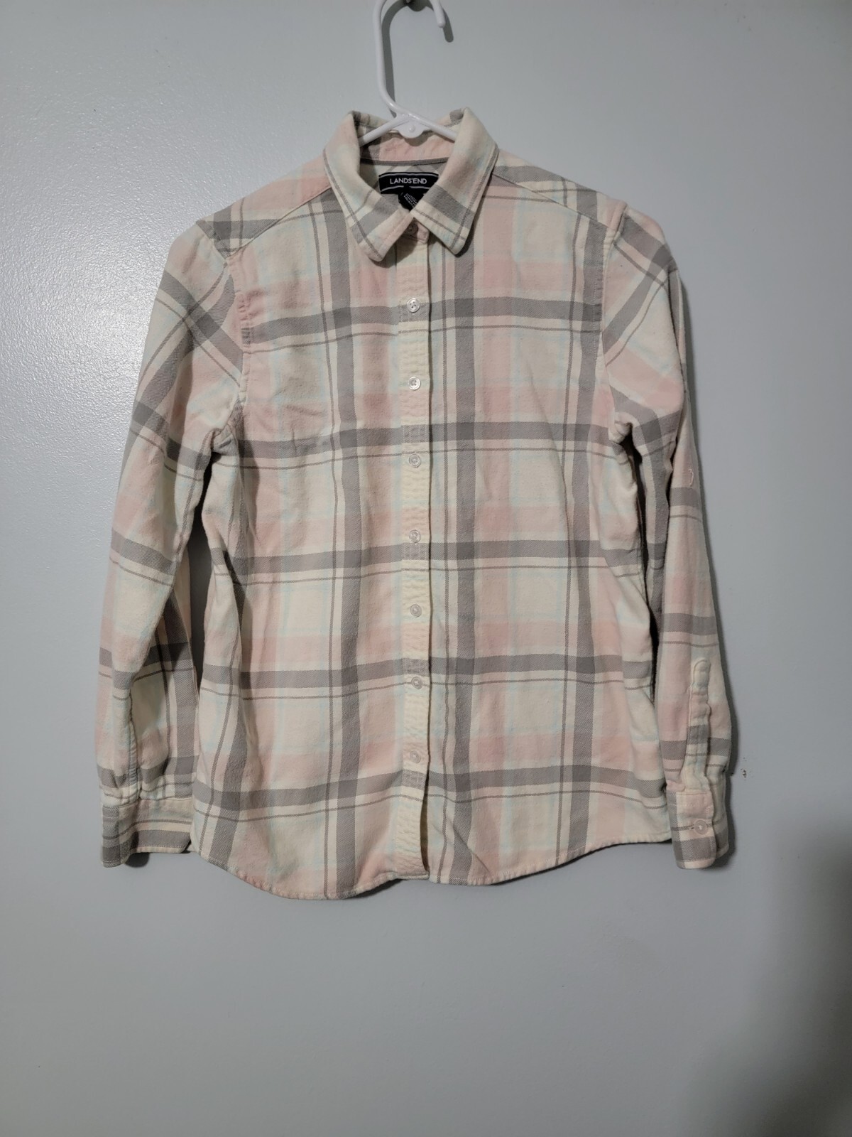 Lands end flannel shirt button down size 8 pink and gray plaid 100 