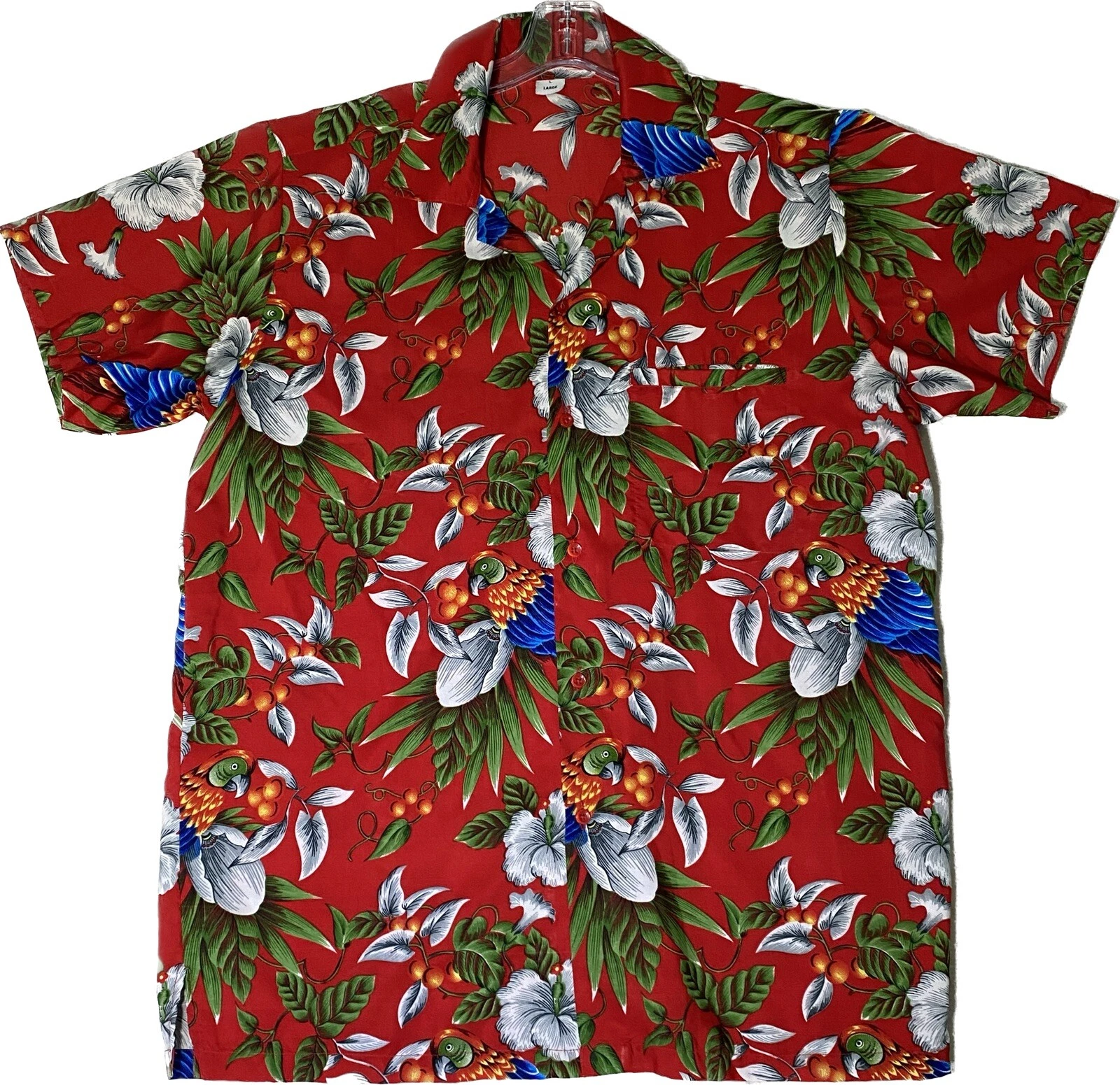 Hawaiian Aloha Shirt Men's Large Red Flowers Birds Matched Pocket