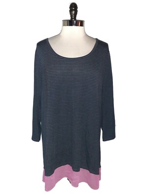 AVENUE Plus Size 2X 18W 20W Shirt Top Blue Stripes Pink Hem 3/4 Sleeve
