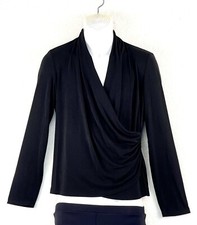 Sunny Leigh Dramatic V-Neck Ruched Black Top Fitted Long Sleeves L USA Made 4406