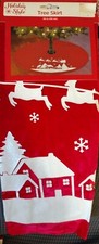 Red Velvet Christmas Tree Skirt 40" Santa Flying Sleigh Reindeer snY